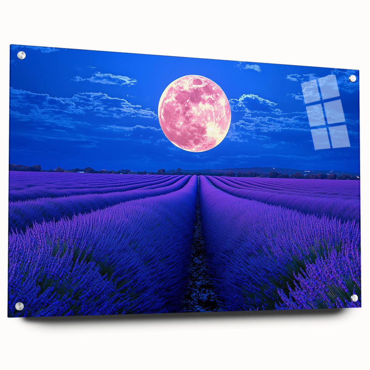 Acrylic landscape artwork showcasing vibrant green fields under a bright blue sky, viewed from the side with decorative pins, perfect for modern home decor.