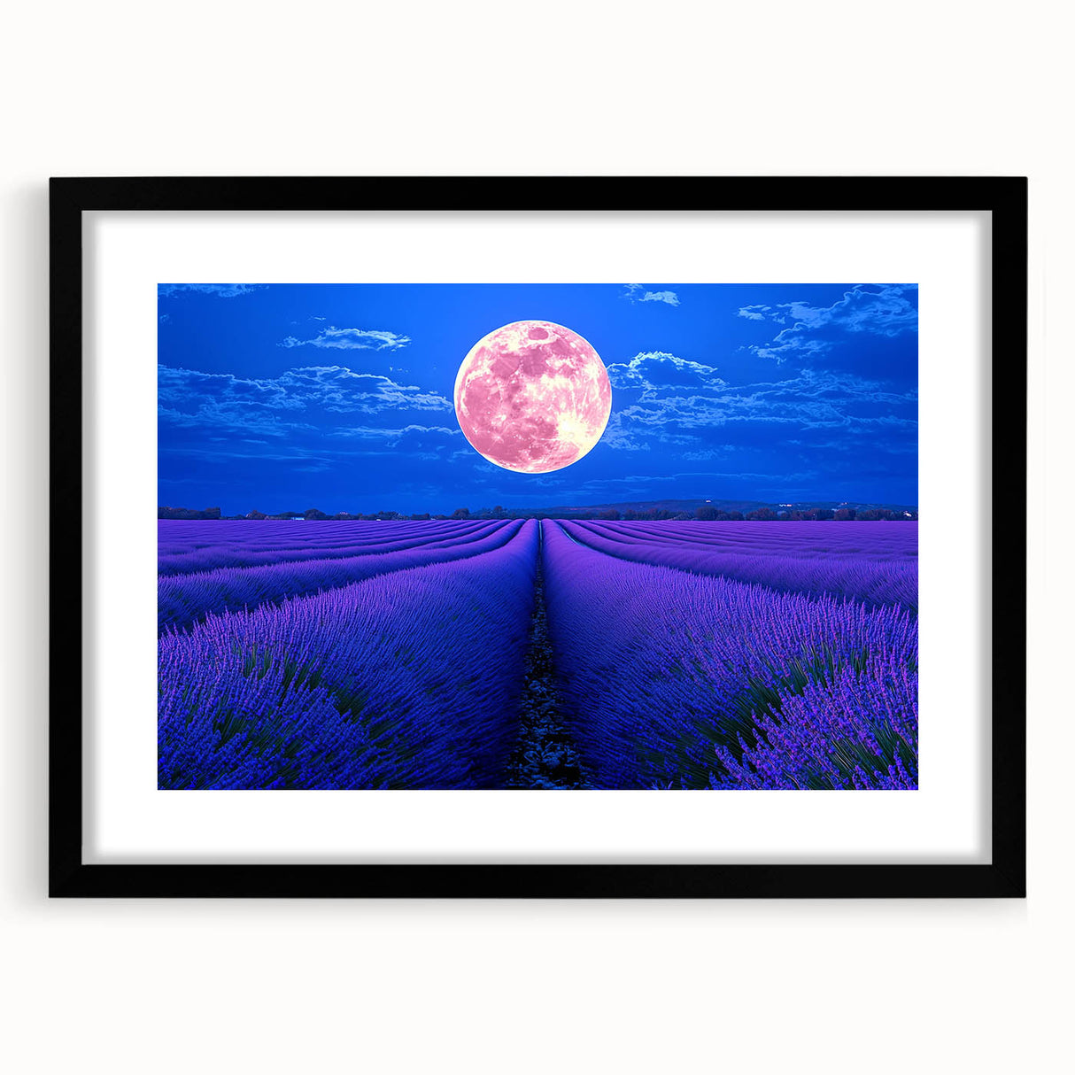 Black-framed landscape artwork featuring vibrant fields under a clear blue sky, elegantly matted for a polished look, perfect for home decor enhancement.