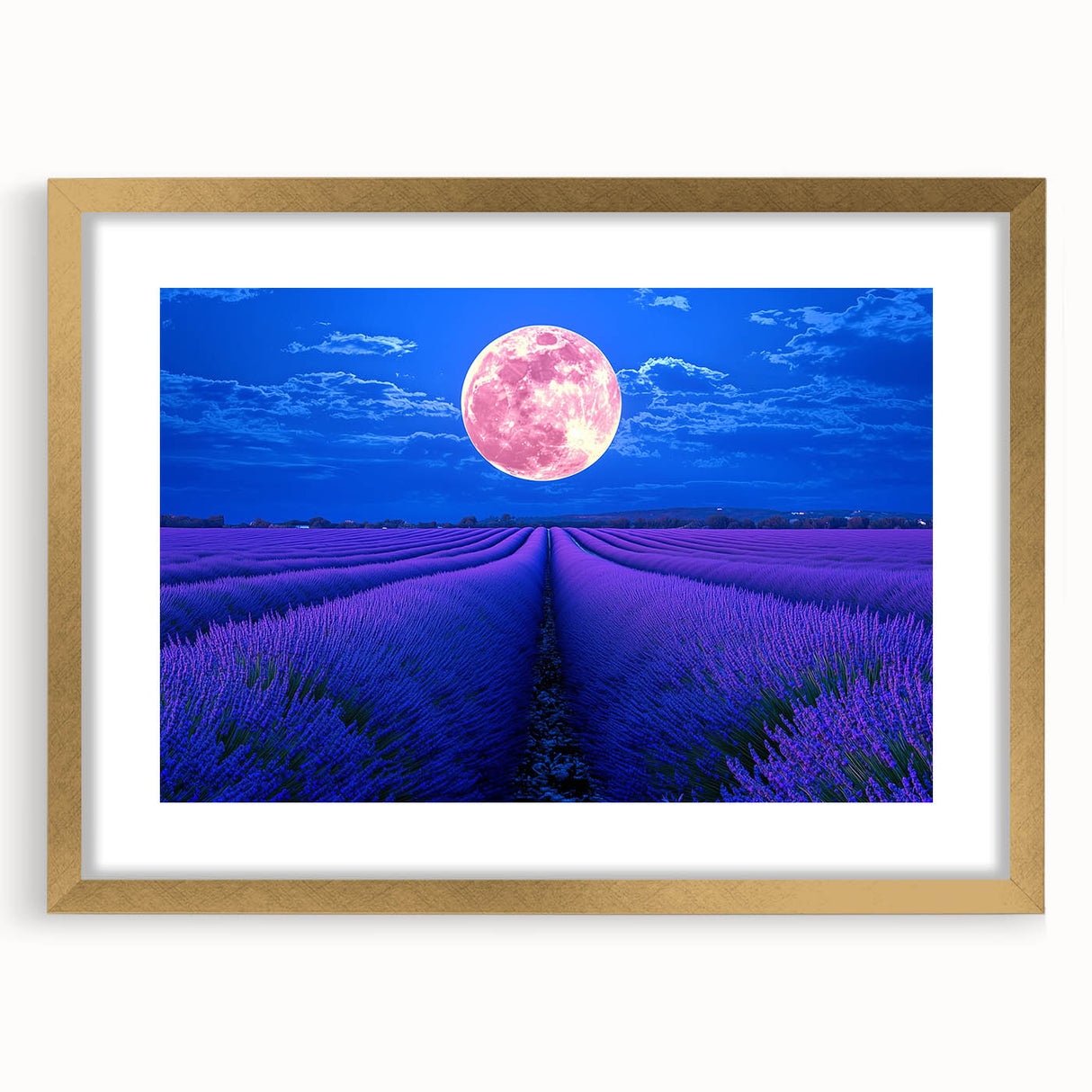 Elegant gold-framed landscape artwork featuring vibrant green fields under a clear blue sky, perfect for home decor and enhancing interior aesthetics.