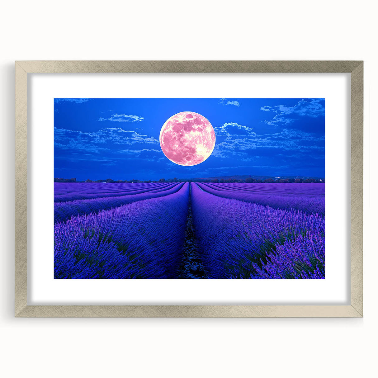Silver-framed landscape artwork featuring vibrant green fields under a blue sky, elegantly matted for a polished presentation, ideal for home decor. Perfect for nature lovers and art enthusiasts seeking to enhance their living space.