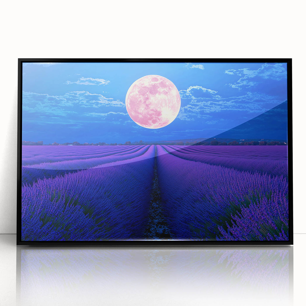 Framed acrylic artwork depicting a serene landscape with vibrant fields under a clear sky, featuring a sleek black frame that enhances its modern aesthetic.