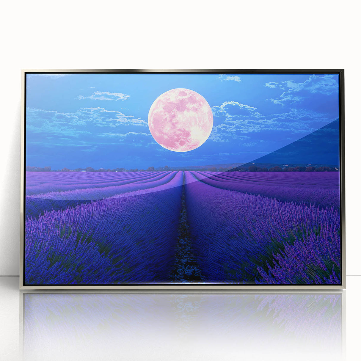 Framed acrylic artwork depicting a serene landscape with lush green fields and a clear blue sky, elegantly presented in a silver frame, ideal for home decor.
