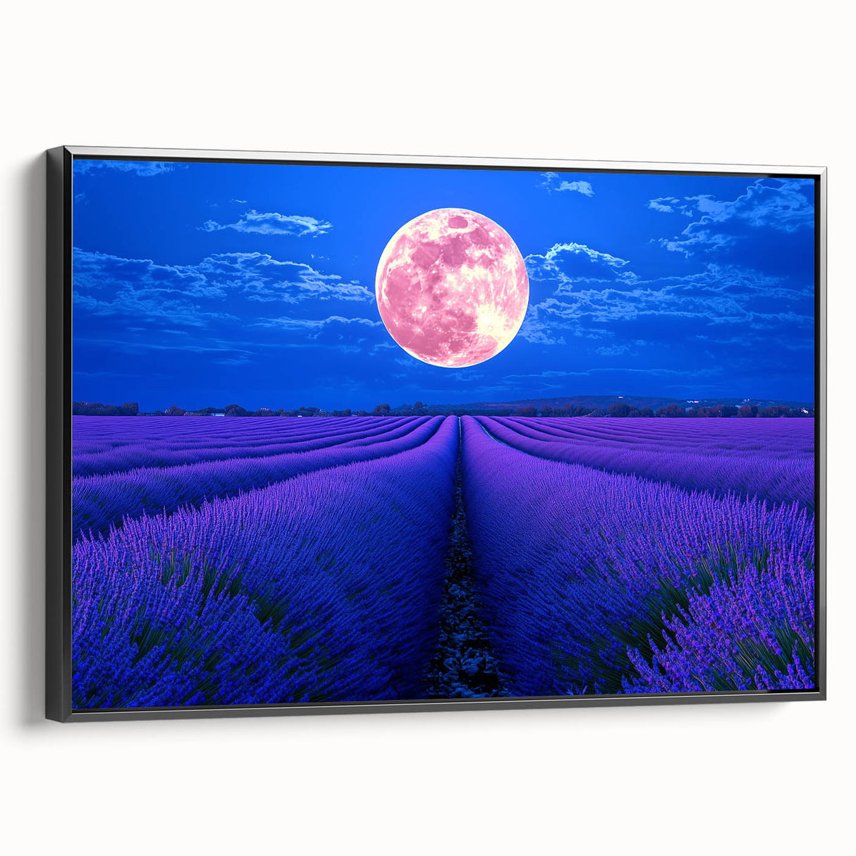 Framed black side view of a vibrant landscape canvas print showcasing lush green fields under a blue sky, ideal for modern home decor and art enthusiasts.