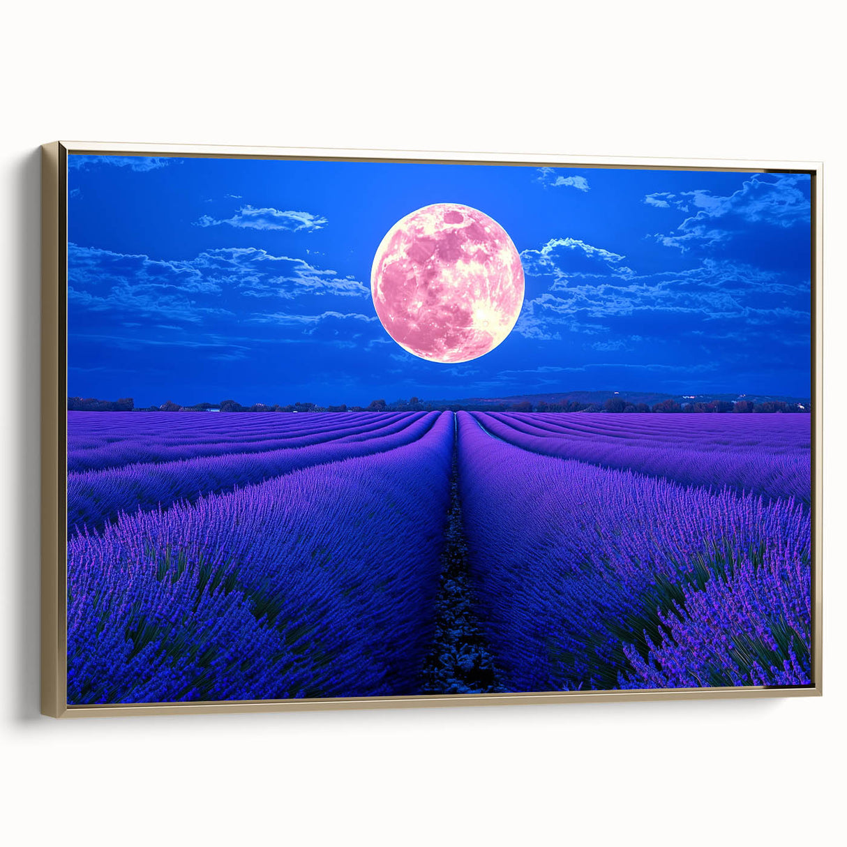 Framed canvas artwork showcasing a vibrant landscape with golden hues, elegantly presented from a side view, perfect for enhancing home decor.