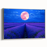 Framed canvas artwork showcasing a serene landscape with lush green fields and a silver frame, ideal for enhancing home decor and creating a calming atmosphere.