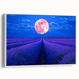 Framed canvas artwork showcasing a serene landscape with vibrant green fields and a clear blue sky, presented in a sleek white frame for modern decor. Ideal for enhancing living spaces or offices with a touch of nature.