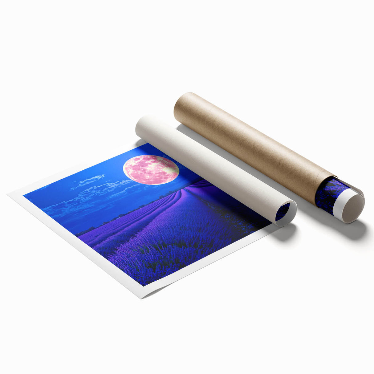 Vibrant rolled canvas print showcasing a serene landscape with lush green fields and a clear blue sky, carefully packaged in a protective tube for safe delivery.