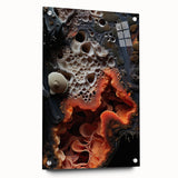 Large abstract wall art on acrylic glass depicting close-up natural elements in muted earth tones.