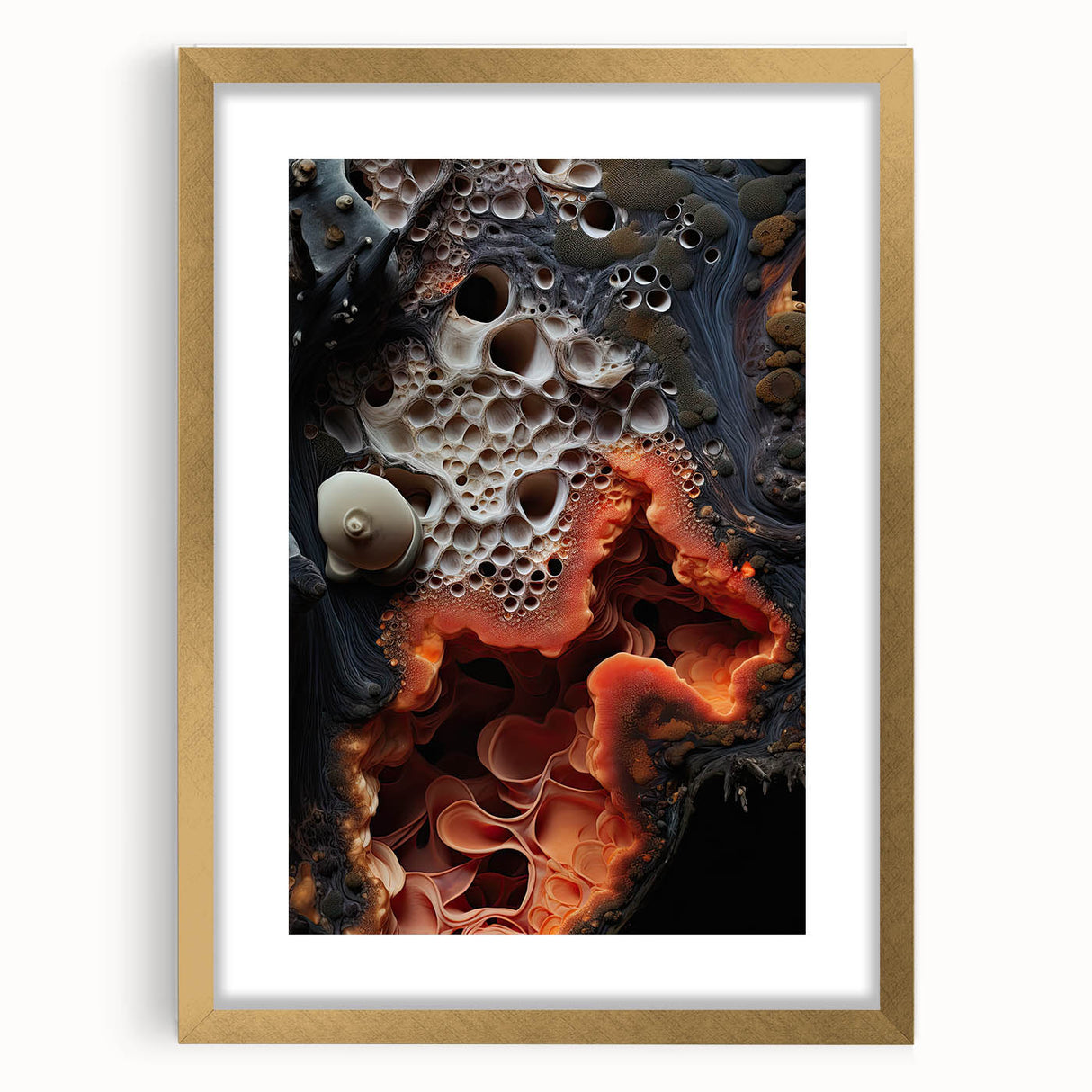 Extra large abstract art print with textured elements in gold and neutral tones, framed with mat.