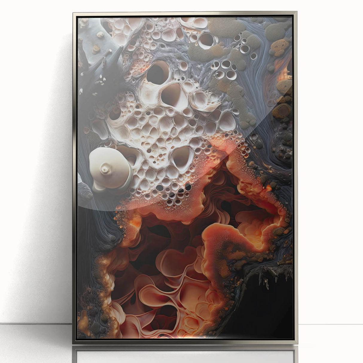 Framed acrylic print of mid-century modernist art featuring natural elements in muted earth tones.