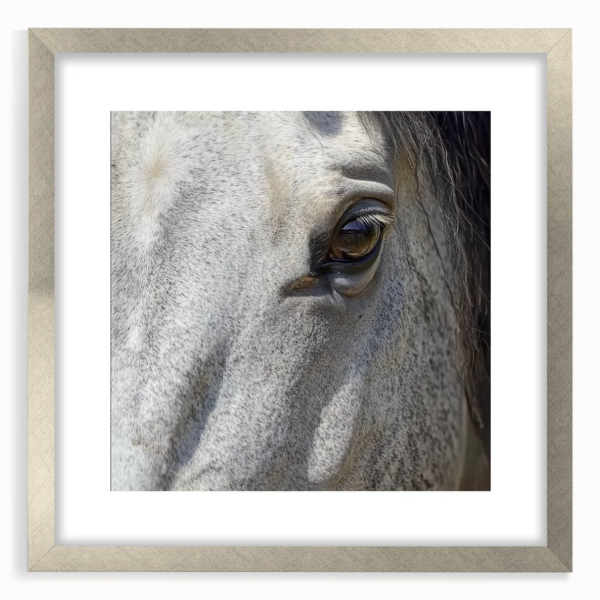 Textured art print featuring abstract, close-up animal patterns in gray tones, framed in silver, ideal for bedroom art.