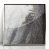Mid-century modernist art featuring a close-up of a silver animal, in a framed acrylic, suitable for nursery wall decor.
