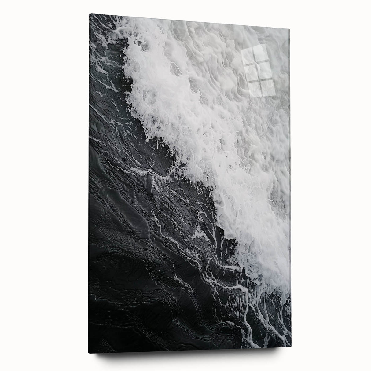 Large abstract wall art depicting close-ups of nature elements in muted green and brown tones, printed on acrylic glass.