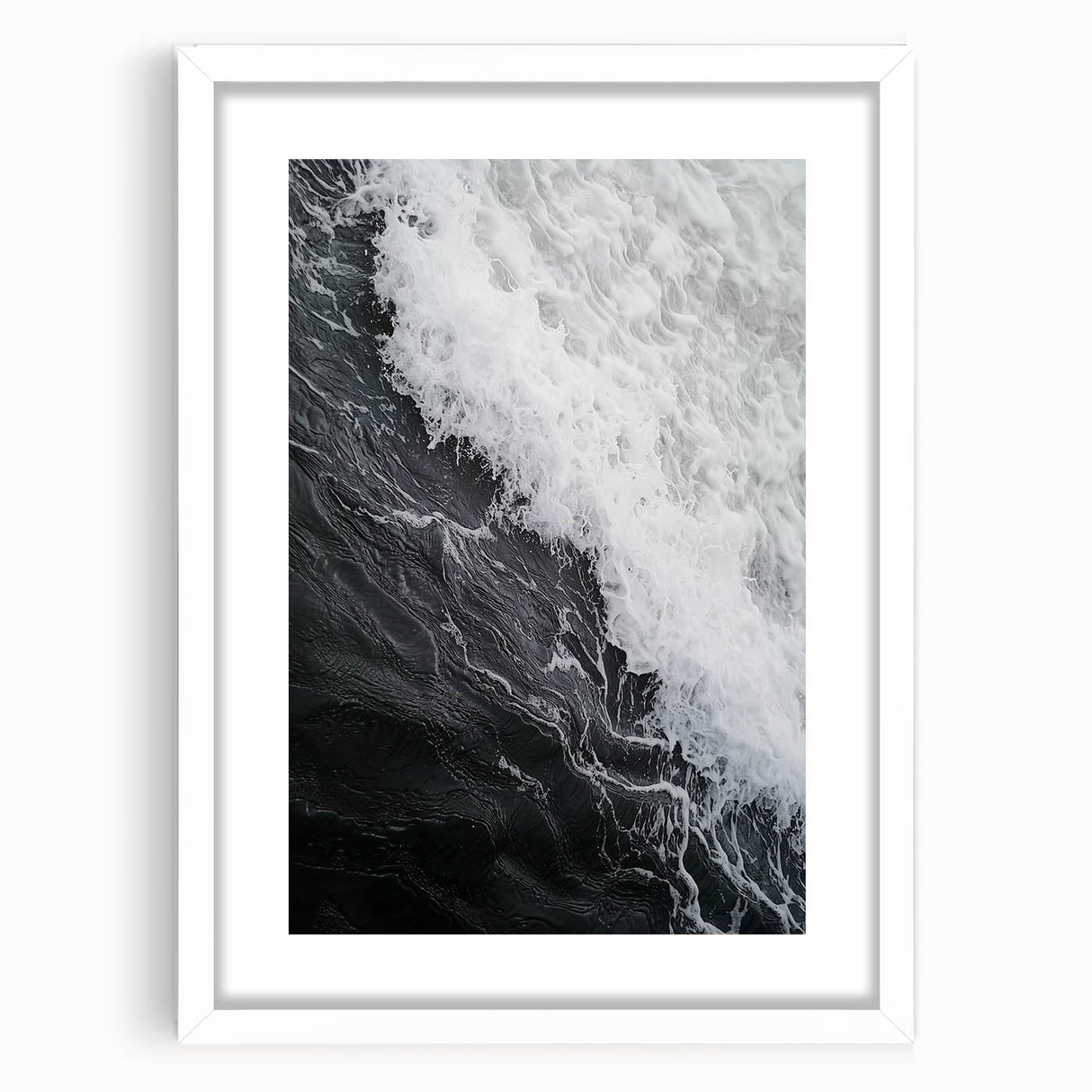 Abstract art print featuring close-up nature elements in muted green and brown tones, framed with a white mat.