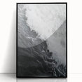 Large abstract wall art featuring swirling blue and green patterns on acrylic, framed in black.
