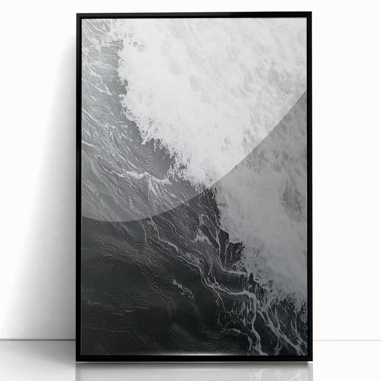 Large abstract wall art featuring swirling blue and green patterns on acrylic, framed in black.