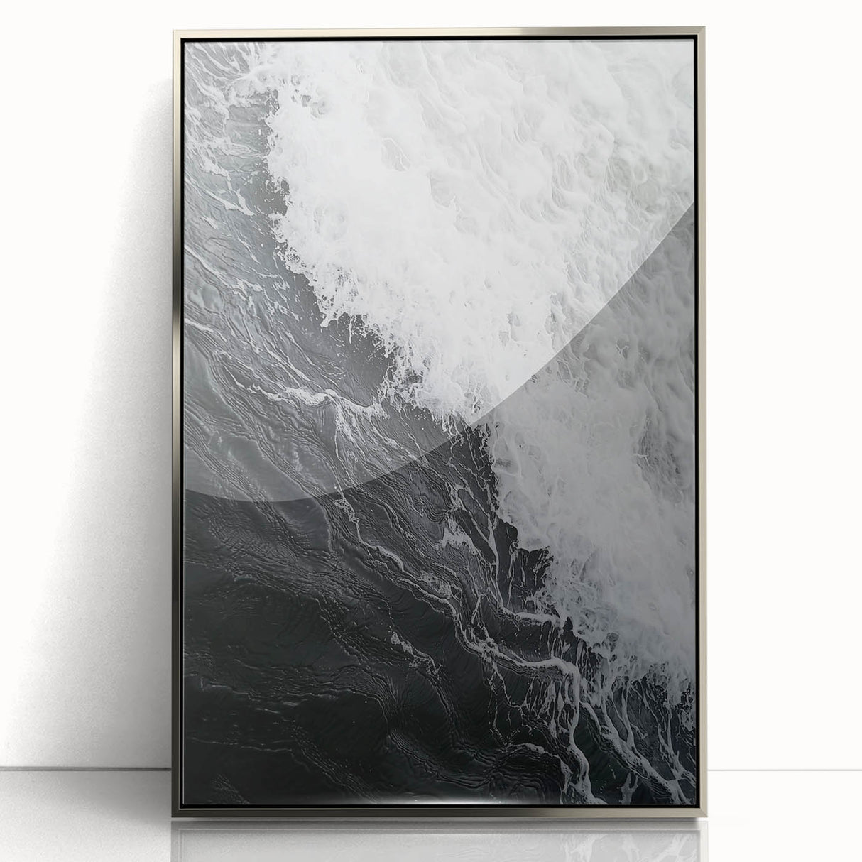 Mid-century modernist art depicting nature elements in muted greens and browns on a silver-framed acrylic.