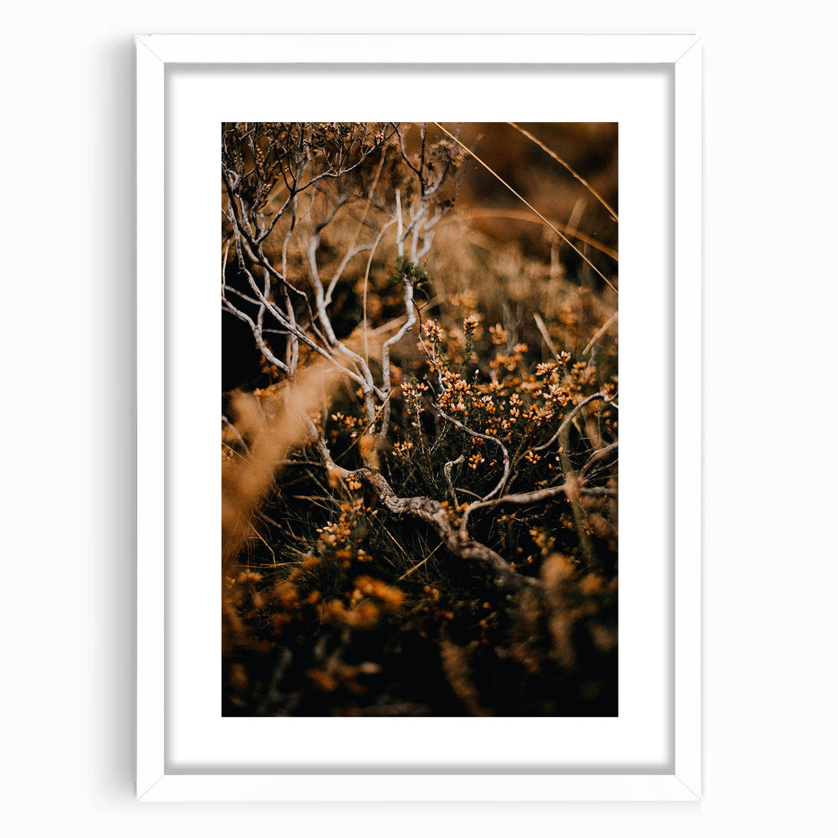 Abstract art print depicting swirling fall colors in orange and brown on a white framed canvas.