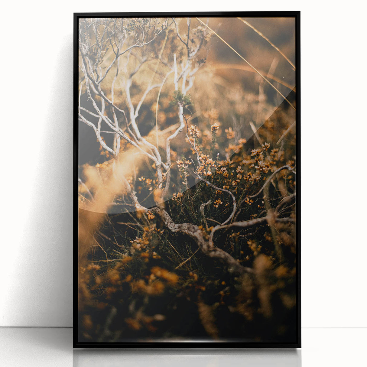 Large abstract wall art featuring autumnal hues on a framed acrylic print, suitable for modern living room decor.
