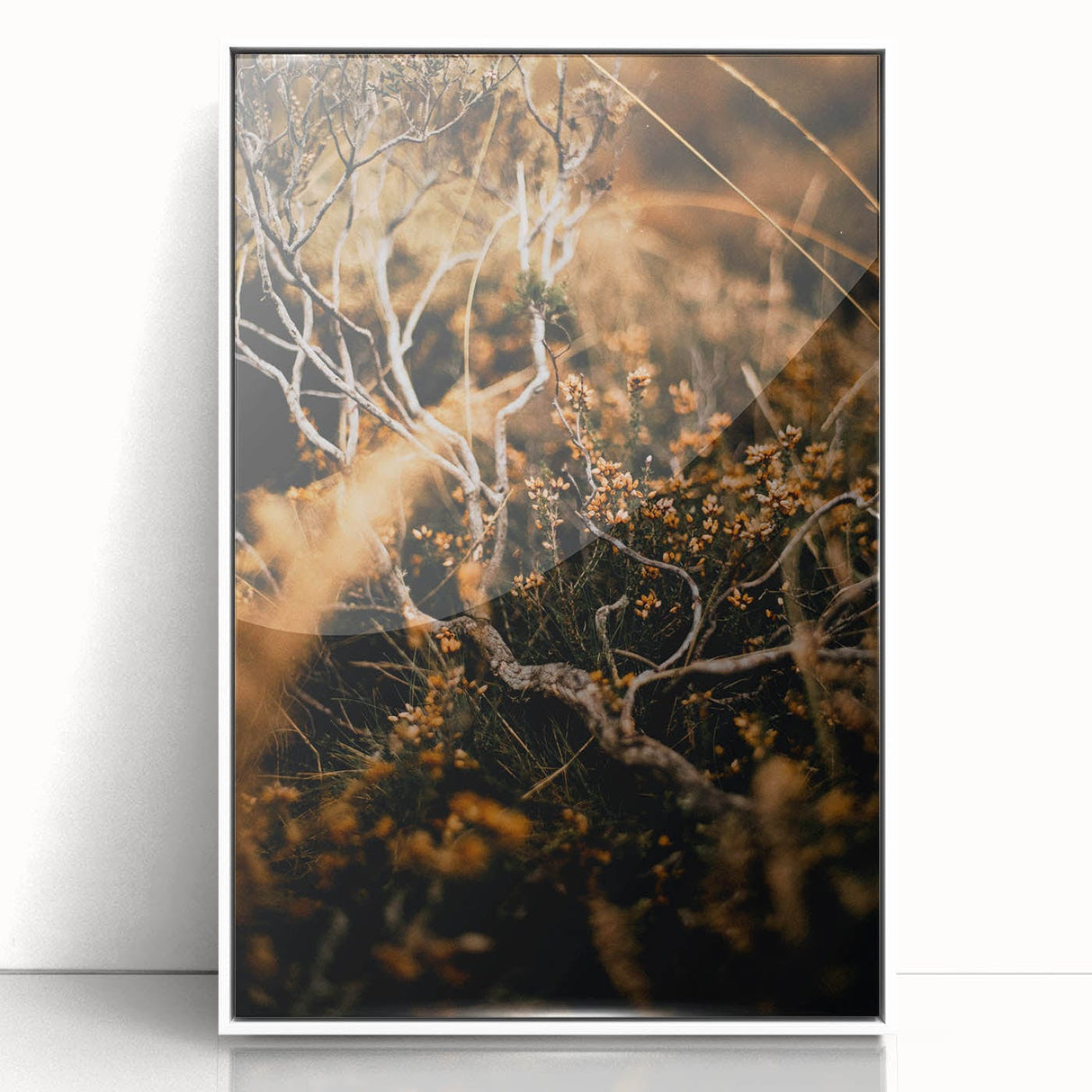 Art deco poster depicting fall season in muted orange and brown tones, framed acrylic, ideal for nursery wall decor.