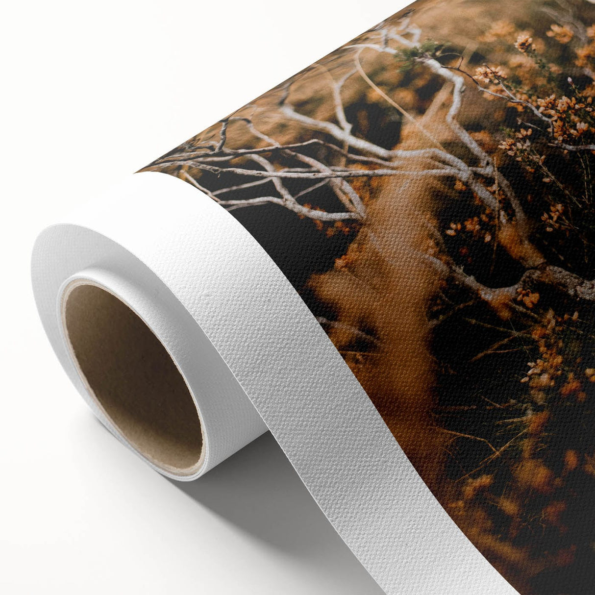 Art deco poster of autumn trees in orange and yellow hues on rolled canvas, suitable for nursery wall art or dining room.