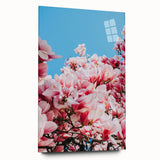 Large abstract wall art on acrylic glass depicting vibrant spring colors, ideal for bedroom or dining room decor.
