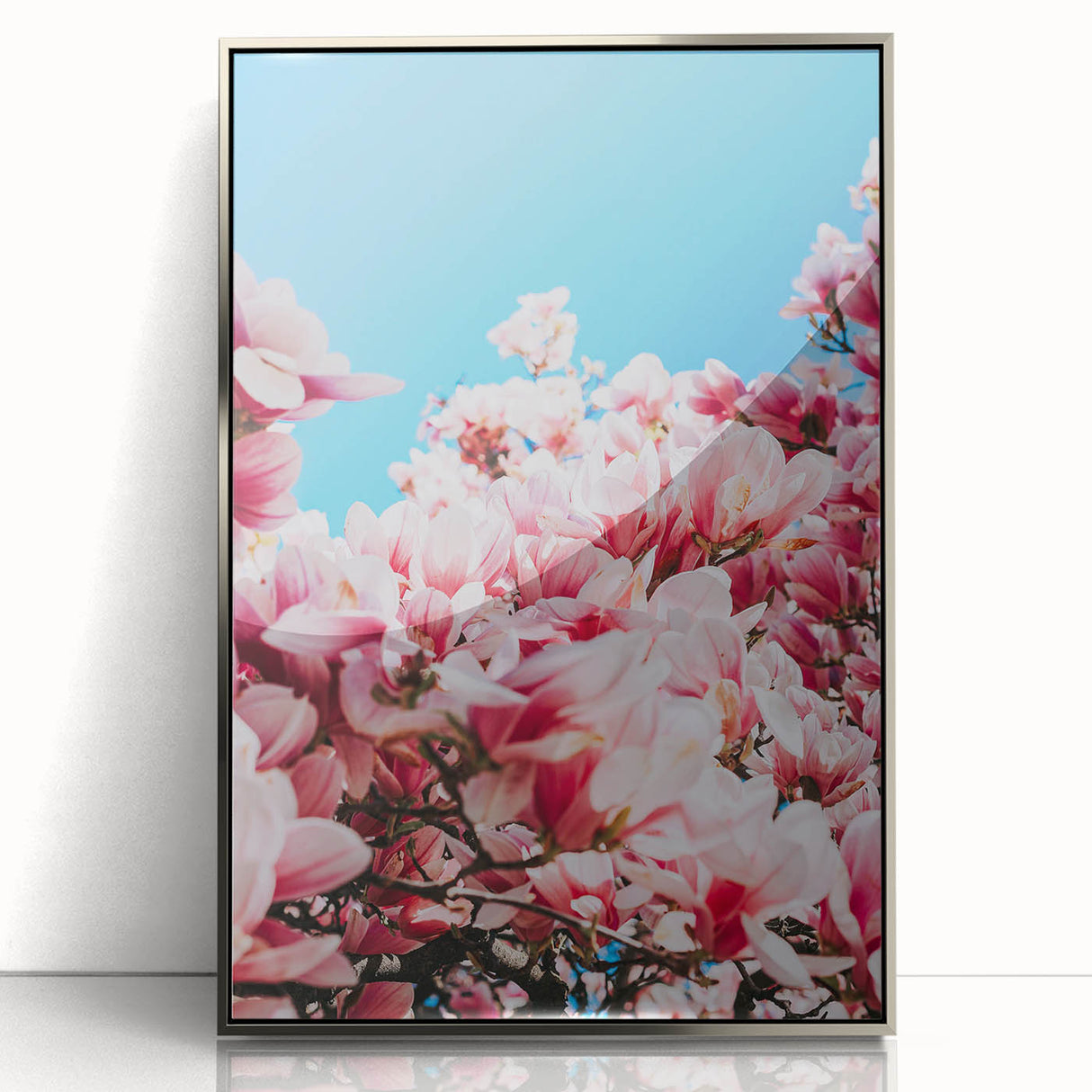 Mid-century modernist art depicting spring season in pastel shades on a silver-framed acrylic, suitable for nursery wall art.