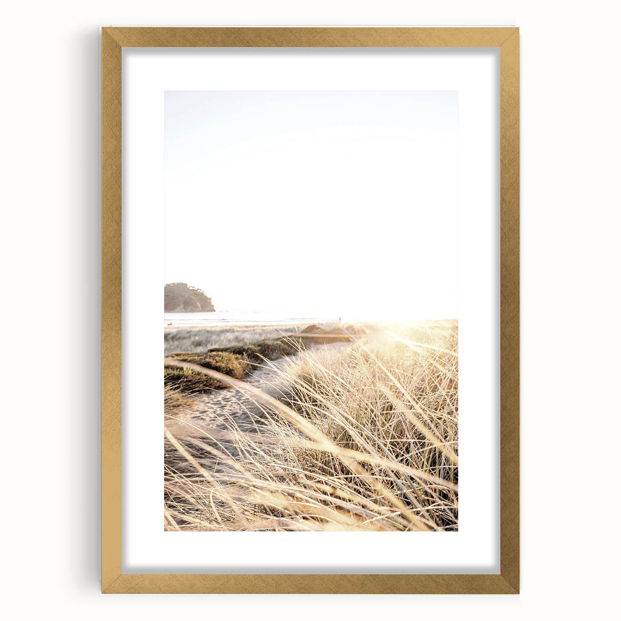 Extra large abstract art print featuring textured swirls in warm summer tones, framed in gold, ideal for living room decor.