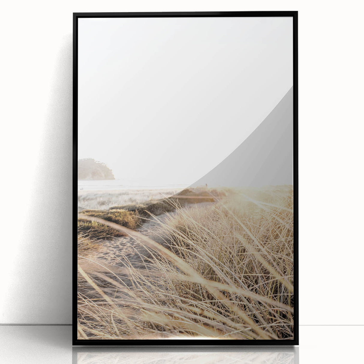 Large abstract wall art featuring summer-themed brush strokes in orange and yellow on a framed acrylic.