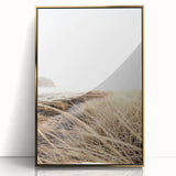 Large acrylic print of a mid-century modernist summer scene, featuring warm gold and orange tones.