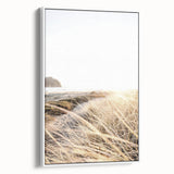 Vintage poster art featuring a colorful summer theme on a large framed canvas, suited for living room decor.