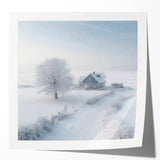 Winter scene with snow-covered trees in soft gray and white tones on a large canvas.