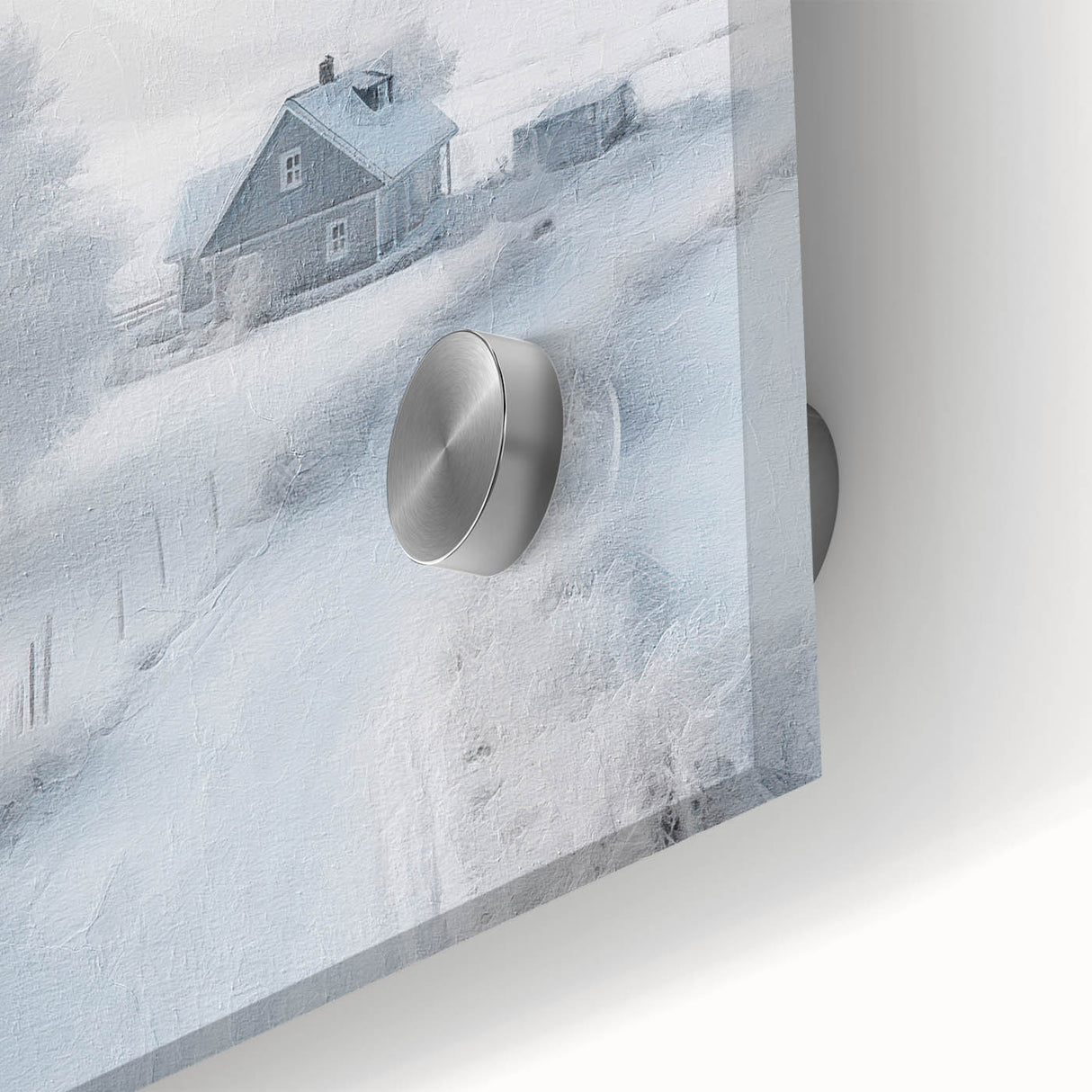 Large abstract wall art depicting a winter scene in muted blue and white tones on acrylic glass.