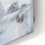 Large abstract wall art depicting a winter scene in muted blue and white tones on acrylic glass.
