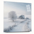 Winter scene on acrylic glass, featuring a snowy landscape in muted blue and white tones, ideal for dining room decor.