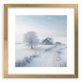 Extra large abstract art print depicting a winter scene in textured whites and blues, framed in gold.
