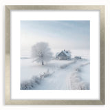 Textured art depicting a winter scene in muted blue and white tones on a framed silver mat, ideal for bedroom wall decor.