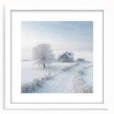 Abstract art print depicting a winter scene in muted blue and white tones on a framed canvas, suitable for dining room decor.