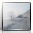 Large abstract wall art depicting a winter scene in muted gray and blue tones, framed in black acrylic.