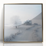 Winter scene with muted blue and white tones, framed acrylic print, ideal for modern nursery wall art.