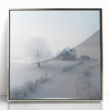 Winter scene in mid-century modernist style on a framed acrylic, featuring silver and blue tones, ideal for nursery wall art.