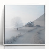 Framed acrylic print of a winter scene in art deco style, featuring muted white and gray tones, ideal for nursery wall art.
