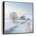 Winter landscape painting in black and white tones on a framed canvas, suitable for bedroom decor.