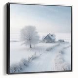 Winter landscape painting in black and white tones on a framed canvas, suitable for bedroom decor.