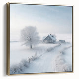 Winter landscape painting on framed canvas, featuring muted silver and gold tones, ideal for bedroom wall decor.