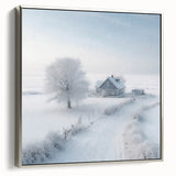 Winter landscape art painting on framed canvas, featuring snowy trees in black and silver tones.