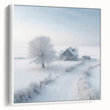 Framed canvas vintage poster art depicting a winter scene in muted white and gray tones, ideal for living room decor.