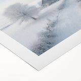 Art deco poster featuring a winter scene in muted blue tones on rolled canvas, suitable for dining room decor.