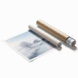 Winter-themed floral art on rolled print, featuring muted blue and white tones, ideal for classy bathroom wall art.