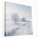 Winter landscape with snow-covered trees on a large stretched canvas, in muted white and blue tones.